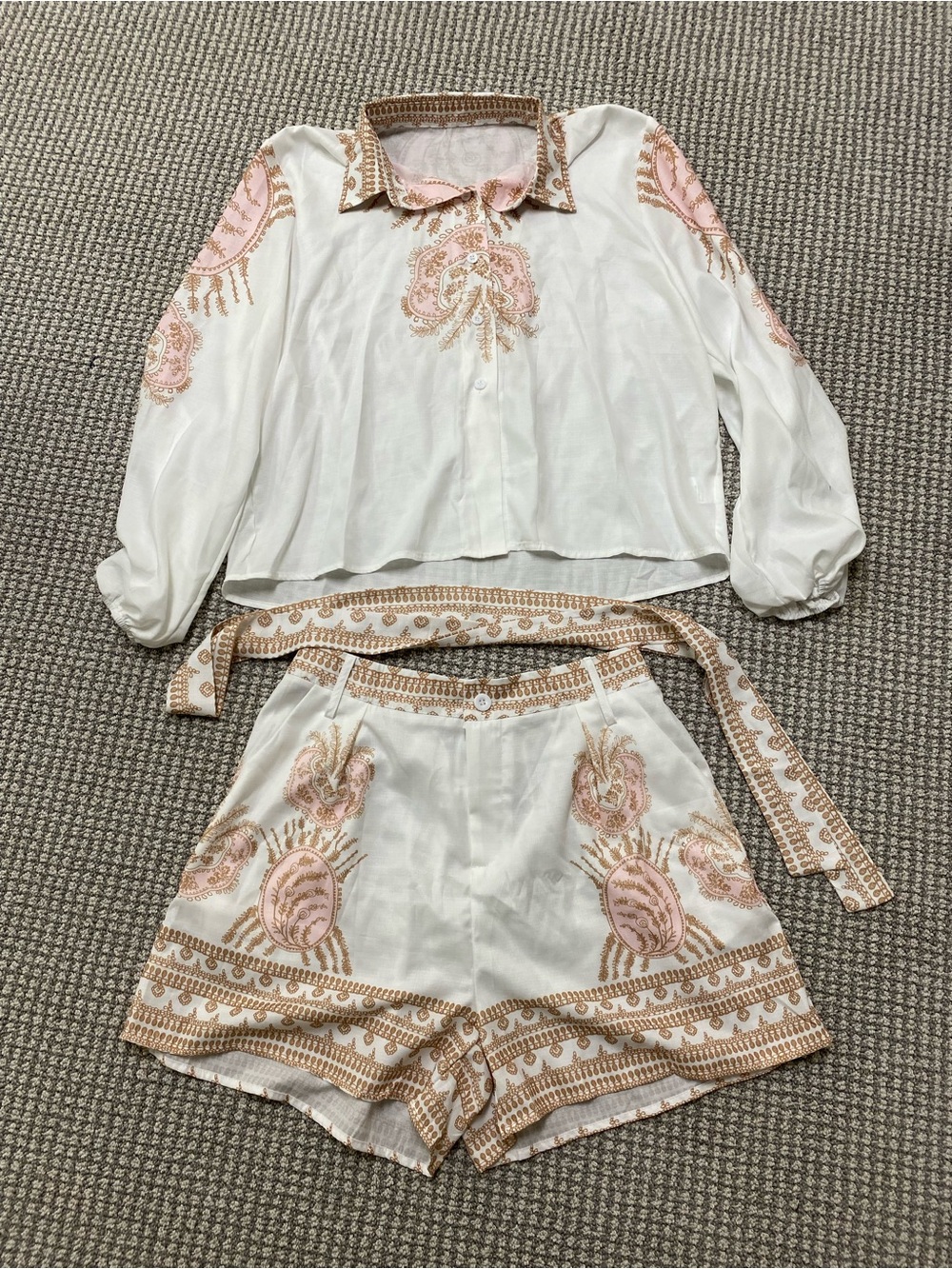 NWOT White Two-Piece Shirt & Short Set with Pink/tan Accents